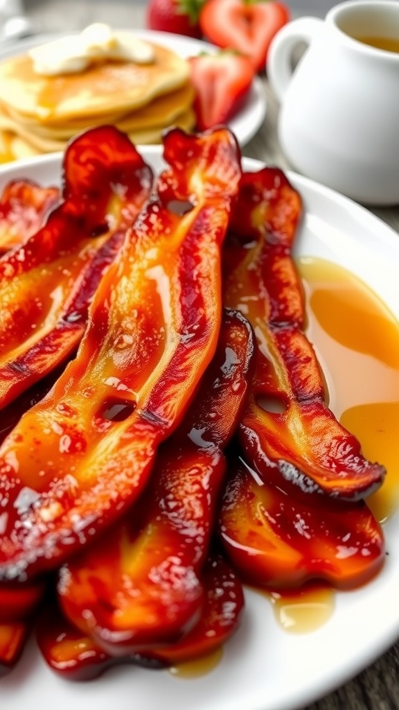 Crispy maple bacon strips glistening on a plate with pancakes in a rustic breakfast setting.